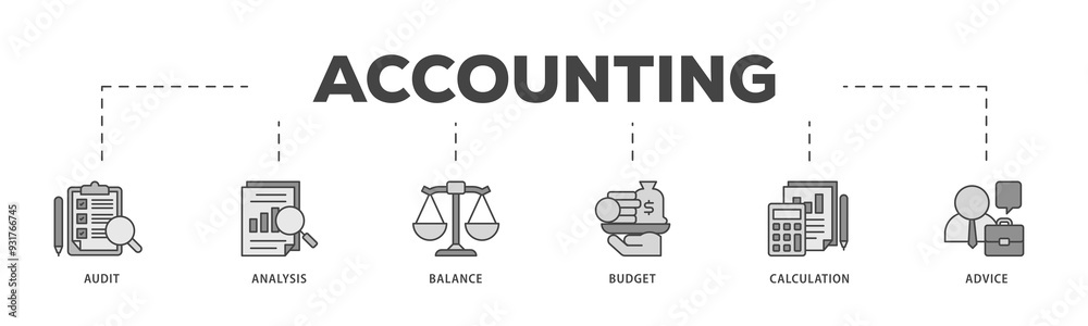 Accounting icons process structure web banner illustration of audit, analysis, balance, budget, calculation, and advice icon png transparent background. Accounting icons process structure web banner illustration of audit, analysis, balance, budget, calculation, and advice icon png transparent background.