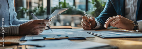 A business professional negotiating loan terms with a bank representative for a financial agreement.