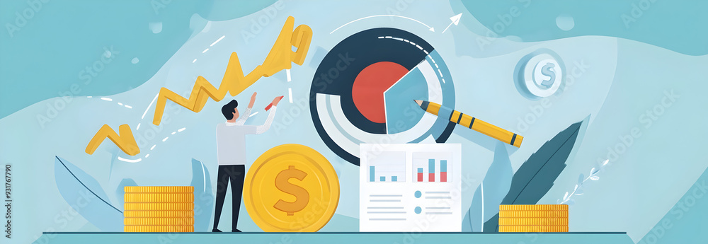 Obraz premium Business strategy and planning of target. Economic analysis of Digital marketing Businessman analyzing and calculating financial data for long term investment growth goals and company finance balance.