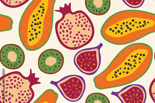 tropical fruits seamless pattern: pomegranate, kiwi, papaya and fig; is ideal for creating vibrant and fresh designs for product packaging, textiles, or wallpaper- vector illustration