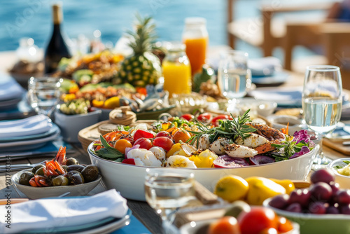 Mediterranean vegetable dishes, Greek salad, seafood dishes, fruit salad, glasses of water, napkins, olive oil, beautiful setting, light turquoise sea and sky