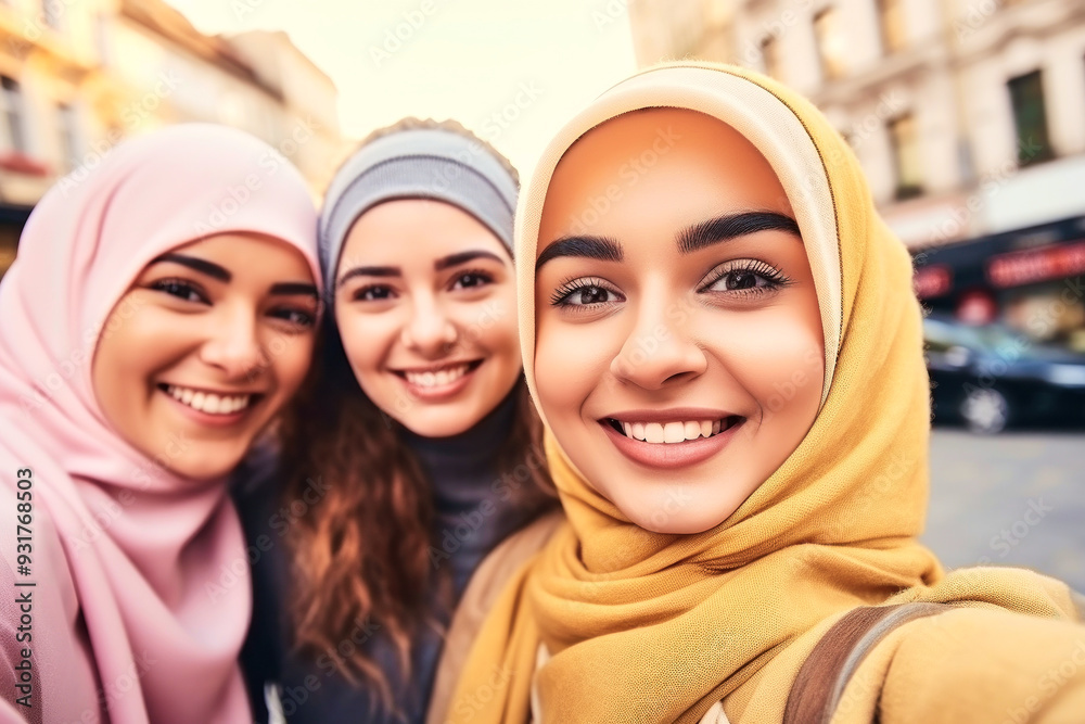 Group of beautiful satisfied cheerful rejoiced smiling young muslim women together wearing hijab outdoors, multinational cultures people Group of beautiful satisfied cheerful rejoiced smiling young muslim women together wearing hijab outdoors, multinational cultures people