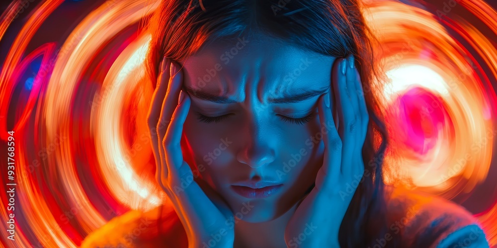 Woman in Distress with Swirling Lights Representing Migraine Woman in Distress with Swirling Lights Representing Migraine