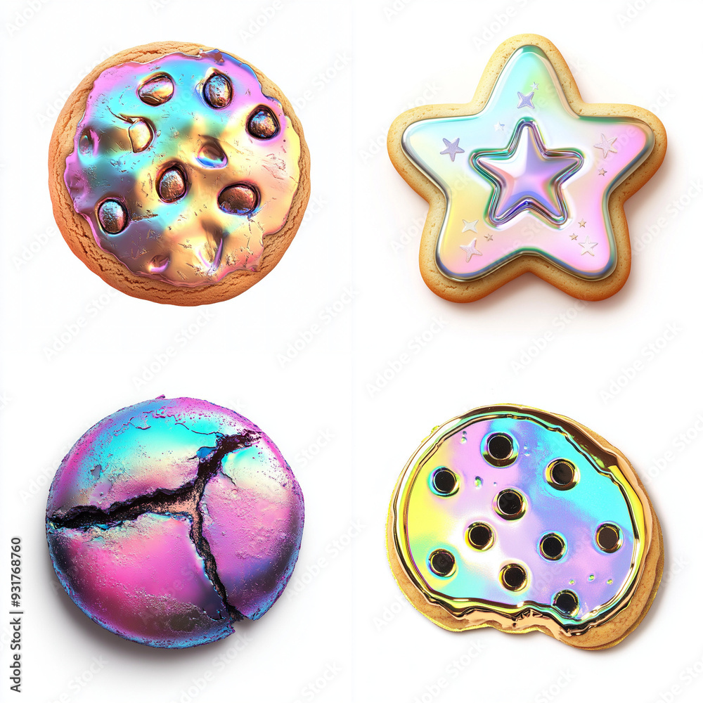 chrome y2k 3d render of a cookie on a white background. rainbow reflective texture chrome y2k 3d render of a cookie on a white background. rainbow reflective texture