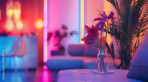 Close up shot of a modern and stylish indoor scene. In the foreground a clear glass vase holding pink flowers. blurred background featuring a sofa and indoor plant, dreamy lights.