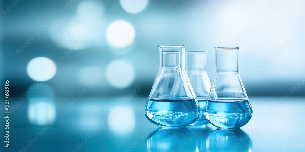 Close-up of laboratory glassware containing blue liquid, ideal for science, chemistry, and research themes.