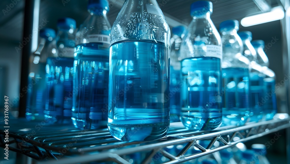 Rows of blue glass bottles on shelves, likely containing some kind of liquid product Rows of blue glass bottles on shelves, likely containing some kind of liquid product