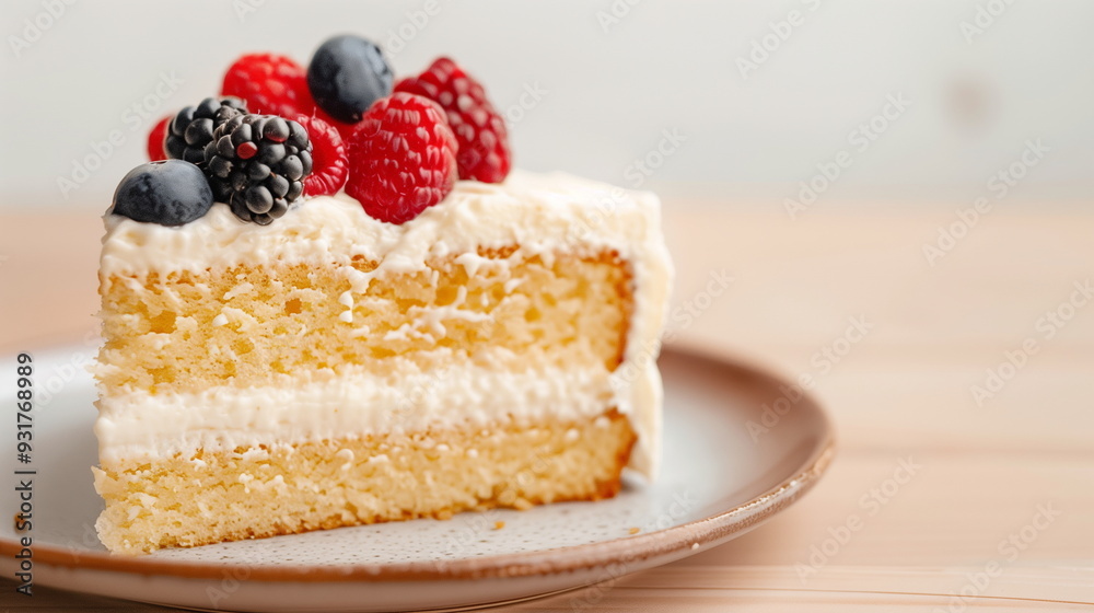 Slice of Vanilla Cake with Whipped Cream and Fresh Berries on Ceramic Plate on Wooden Table, Perfect for Dessert, Celebration, Bakery, or Party Invitations