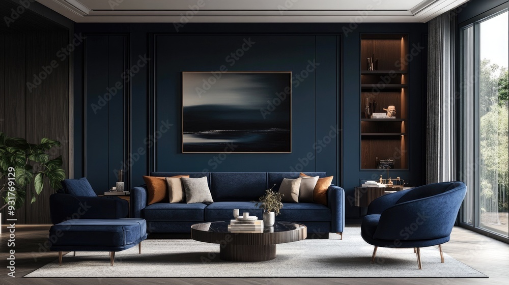 custom made wallpaper toronto digitalA modern living room in dark blue tones, with sleek furnishings and minimalistic decor for a refined look.