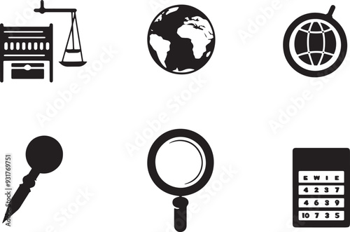 Adobe Illustrator ArtA minimalist vector icon set with a globe, classroom, abacus, and magnifying glass
