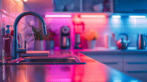 Close up shot of a modern kitchen sink area illuminated by vibrant neon lights. The sleek, metallic faucet on the sink, surrounded by a clean countertop. neatly organized kitchen utensils.