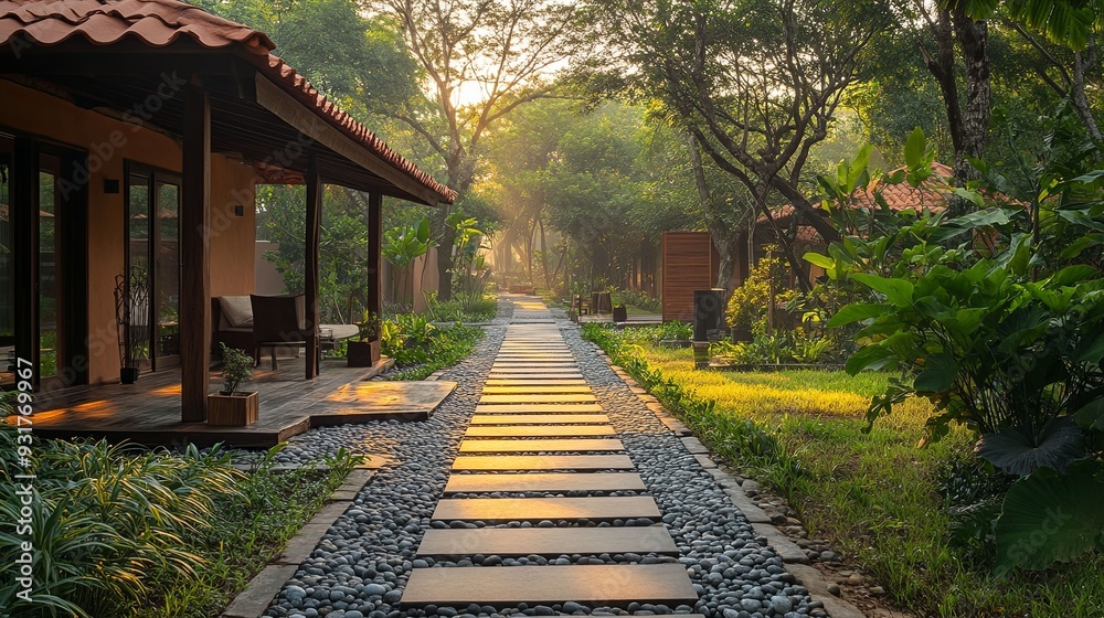 Serene Nature Escape. Tranquil wellness retreat surrounded by scenic natural beauty concept Serene Nature Escape. Tranquil wellness retreat surrounded by scenic natural beauty concept