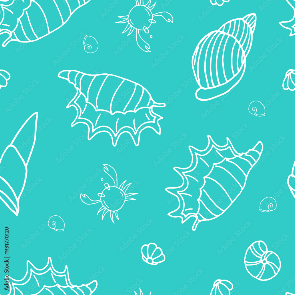 Fototapeta premium Blue seamless pattern with sea shells crabs and fishes, underwater life, hand drawn. Vector seamless pattern. Suitable for textiles, covers, wall wallpaper, packaging, children's prints, etc.