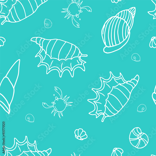 Blue seamless pattern with sea shells crabs and fishes, underwater life, hand drawn. Vector seamless pattern. Suitable for textiles, covers, wall wallpaper, packaging, children's prints, etc.
