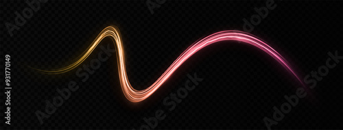 Glowing magic lines effect. Colorful glittering particles of dust isolated on transparent background. Sparkling wavy light effect.