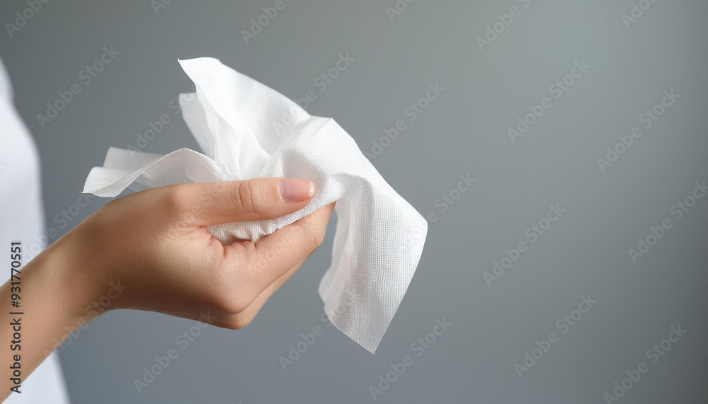 Close up Hand Holding Tissue Against Plain Background for Cold or Allergy Symptom Close up Hand Holding Tissue Against Plain Background for Cold or Allergy Symptom