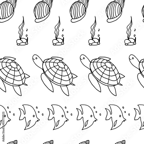 Black and white seamless pattern with seahorses, corals, sea shells, crabs, fish, turtles, underwater life, hand drawn. Vector seamless pattern. Suitable for textiles, covers, wall wallpaper, packing