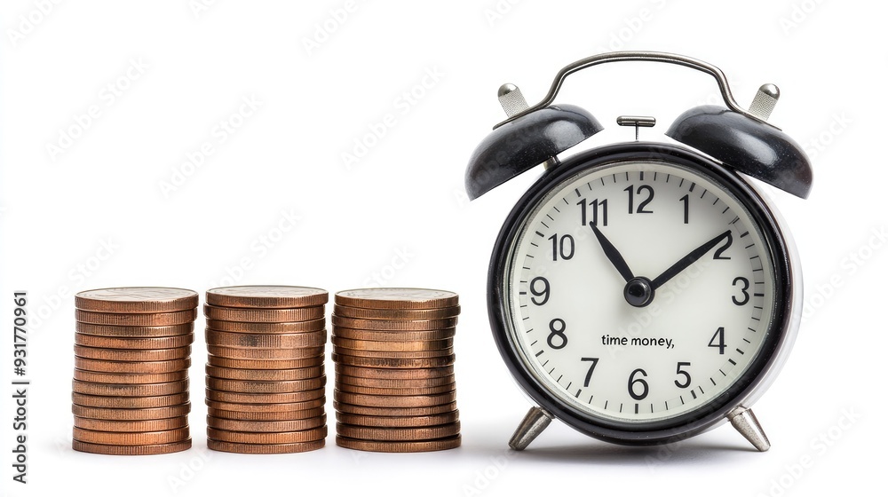 A stack of coins next to an alarm clock, symbolizing the concept of A stack of coins next to an alarm clock, symbolizing the concept of