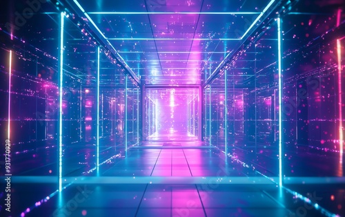 An energetic hallway filled with bright neon lights and sparkling effects, creating a sense of wonder and futuristic ambiance with vivid pink and blue hues.