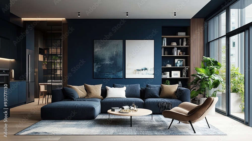 A stylish dark blue living room with modern design elements, offering a tranquil and luxurious feel. A stylish dark blue living room with modern design elements, offering a tranquil and luxurious feel.