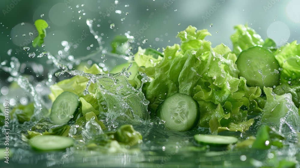 Splashing water over a vibrant green salad. Splashing water over a vibrant green salad.