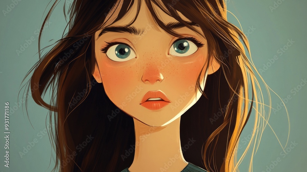 Charming young character with natural features gazing at the viewer Cartoon portrait Colorful tones Charming young character with natural features gazing at the viewer Cartoon portrait Colorful tones
