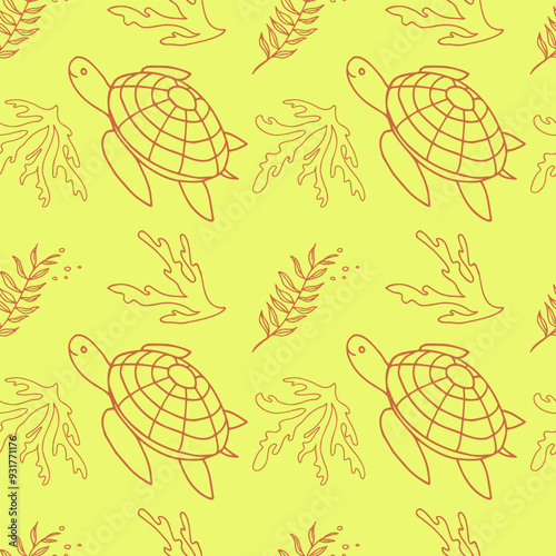 Seamless pattern with sea turtles and corals, underwater life, hand drawn. Vector seamless pattern. Suitable for textiles, covers, wall wallpaper, packaging, children's prints, etc.