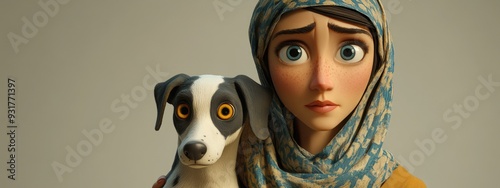 Charming 3D Cartoon of a Wise Lady and Her Basenji Pup Both in Stylish Headscarves with Enigmatic Expressions photo