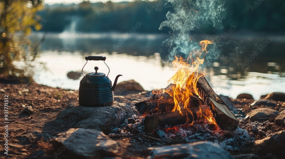 A tranquil campfire setting with a kettle boiling, coffee brewing over the open flames, surrounded by the quiet of the wilderness. A tranquil campfire setting with a kettle boiling, coffee brewing over the open flames, surrounded by the quiet of the wilderness.
