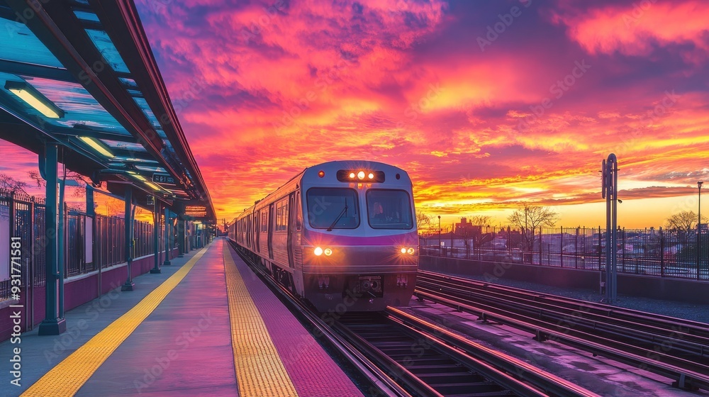 Naklejka premium A vibrant commuter train pulling into a station during a colorful sunrise. The sky ablaze with hues of pink and orange.