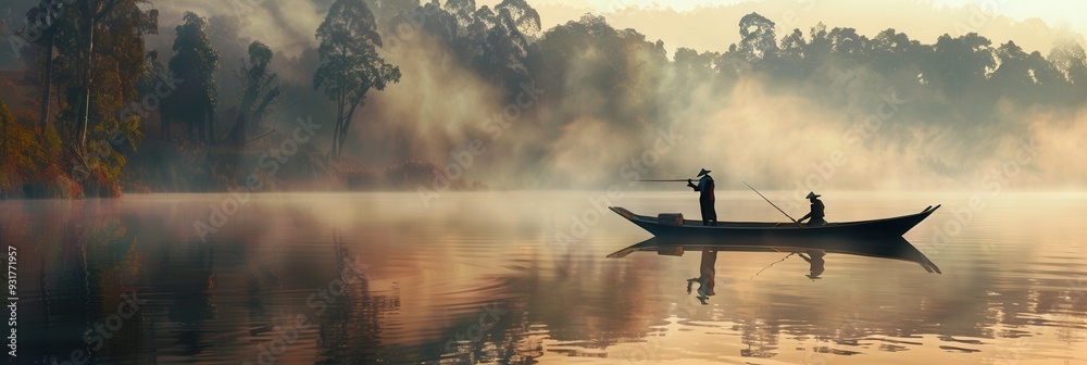 Early morning mist blankets the river as two fishermen cast their nets, embracing the stillness and beauty of nature. Generative AI Early morning mist blankets the river as two fishermen cast their nets, embracing the stillness and beauty of nature. Generative AI