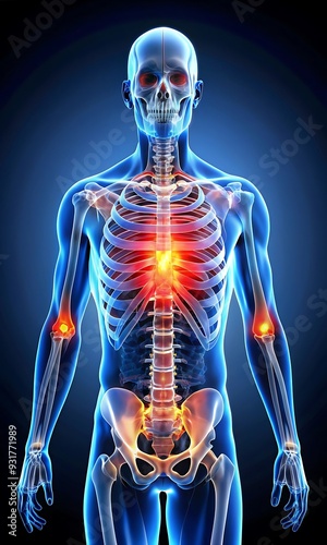 Detailed visualization of a human ribcage with highlighted areas of intercostal muscle pain.
 photo