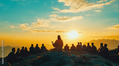 Silhouette of jesus preaching sermon on mountain top in biblical gospel ministry