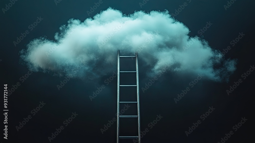 Abstract concept of a ladder reaching up to a cloud, with a dark background emphasizing the journey to the unknown. Abstract concept of a ladder reaching up to a cloud, with a dark background emphasizing the journey to the unknown.