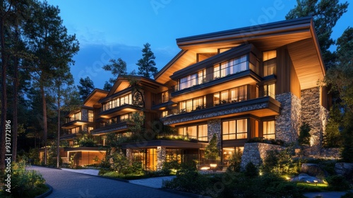 Luxury four-story home rendering with balconies and landscaped yard