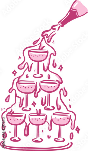 Elegant champagne tower in a whimsical hand-drawn style. Isolated vector illustration. Holiday alcoholic drinks.