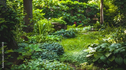 Summer garden with lush greenery and groundcover foliage