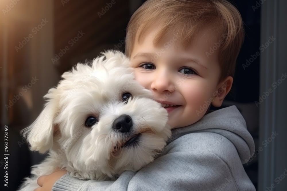 Happy joyful child hugging beloved fluffy dog Happy joyful child hugging beloved fluffy dog