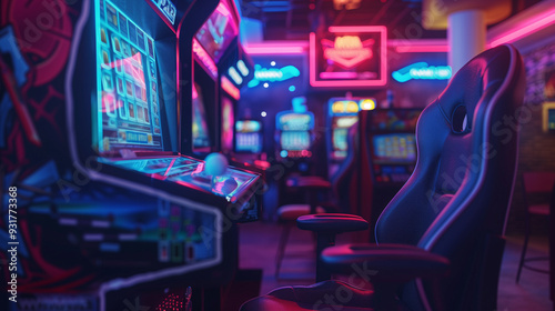 a vibrant and nostalgic arcade filled with classic gaming machines. arcade cabinets in rows, dimly lit room, chairs, soft neon lighting, pink and blue colors, retro-futuristic.
