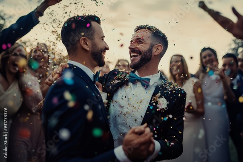 gay Newlywed couple dancing while friends and family throwing confetti on couple at the wedding reception