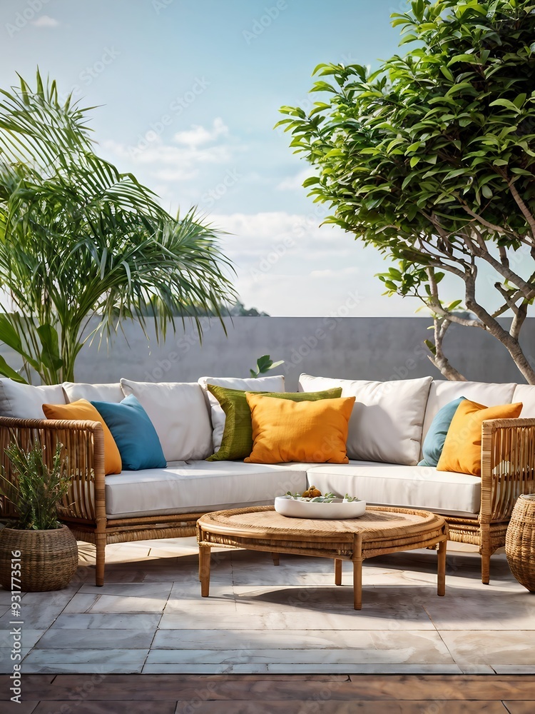 Fototapeta premium Cozy outdoor patio setup with wicker furniture and vibrant cushions