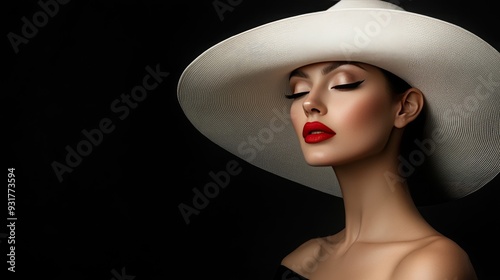Beautiful Woman in White Hat with Closed Eyes and Red Lips.