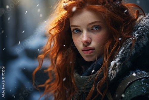 Amazing wintry forest red haired archer girl photography image