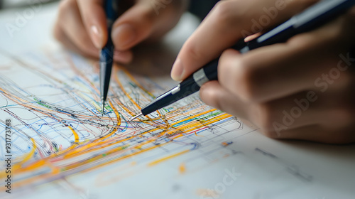 Close-up of a transportation engineer's hand sketching a mass transit network, with metro stations and bus routes