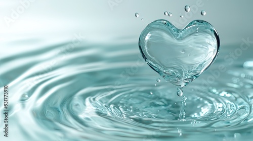 Heart-shaped water drop gently falling into a calm pool, sending ripples across a pristine white background.