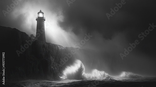 Lighthouse illuminating the dark, stormy sea, guiding vessels to safety. The waves crash against the cliffs below.