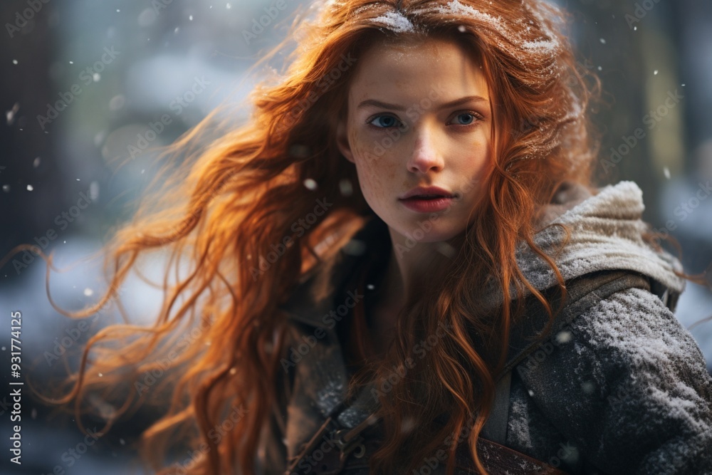Amazing wintry forest red haired archer girl photography image