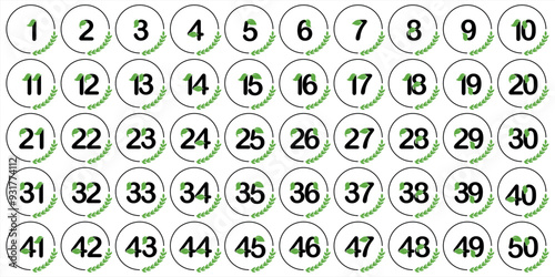 Numbers, 1 to 50 premium green leaf theme circle serial number table