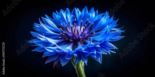 vibrant blue cornflower isolated dramatic low key lighting intense contrast bold sharp texture moody deep shadows striking