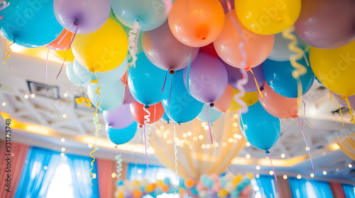 A festive arrangement of colorful balloons touching the ceiling. variety of pastel and bright color balloons, curling ribbons, birthday party vibe, soft lighting, cheerful and vibrant atmosphere.